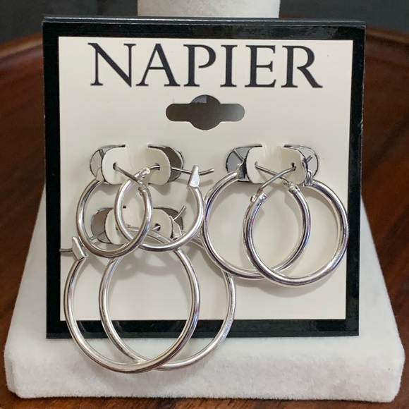 NWT Napier 3 pair of silver tone hoop earrings - Picture 1 of 2